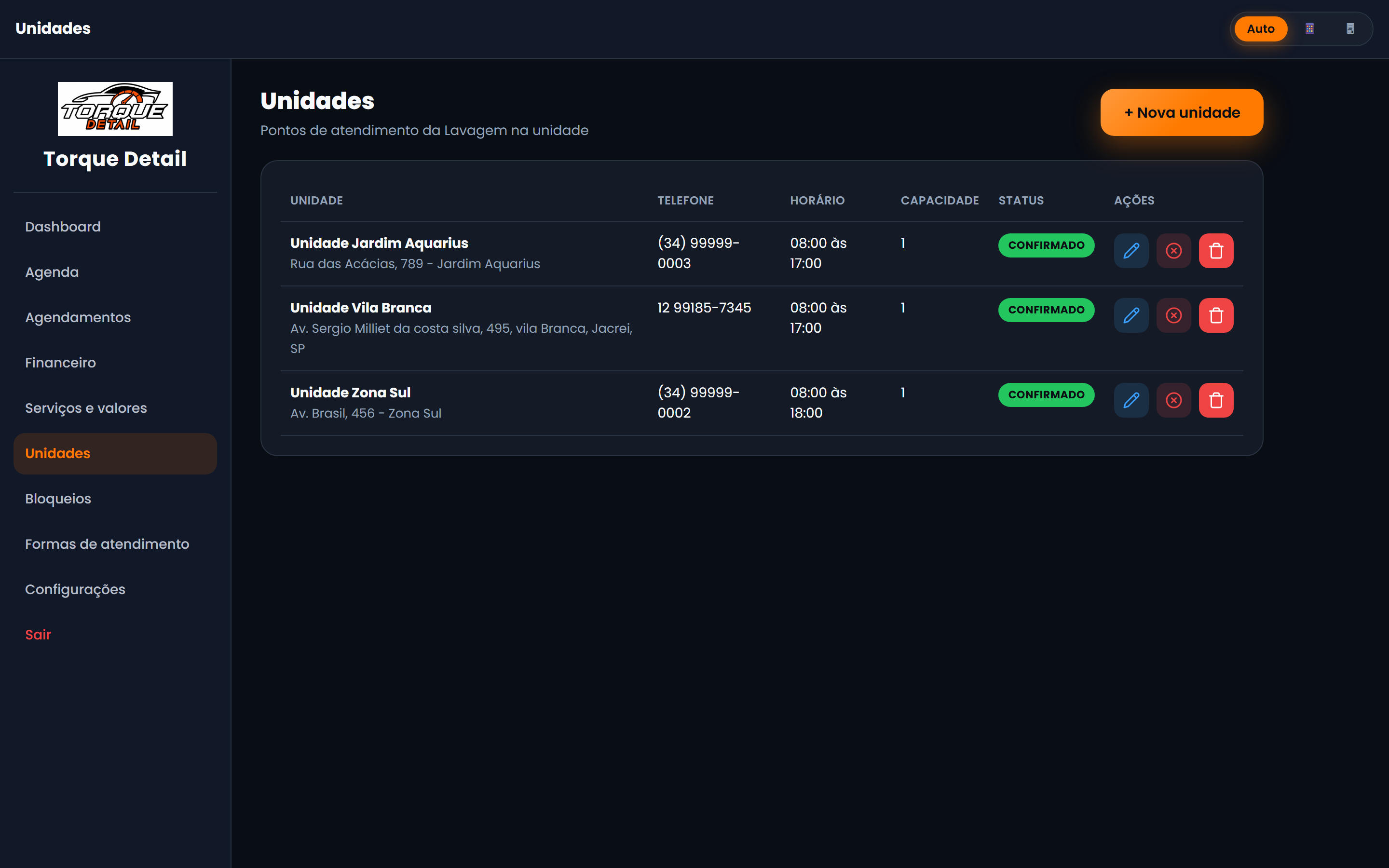 Tela de gestão de unidades do AutoCore